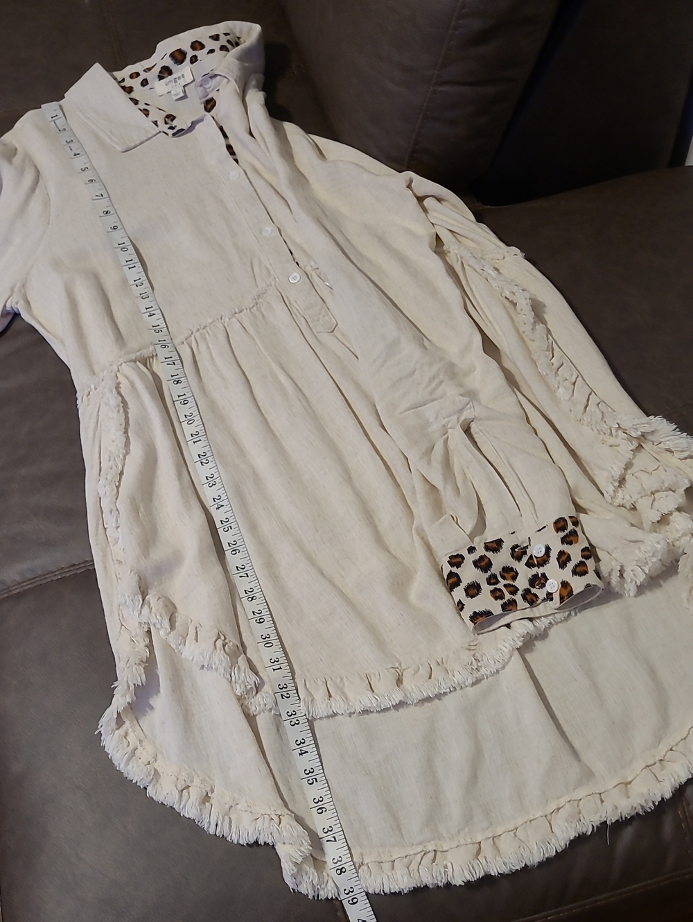 Umgee Linen Cotton Blend Leopard Cheetah Trim Frayed Oatmeal Tunic Top Sz L Boho - Picture 13 of 13